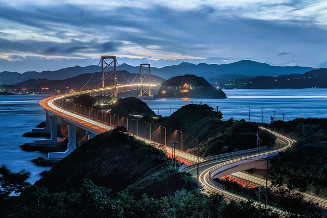 landscape, evening, onaruto bridge, naruto strait, shikoku, sea, nature, car light trails, japan